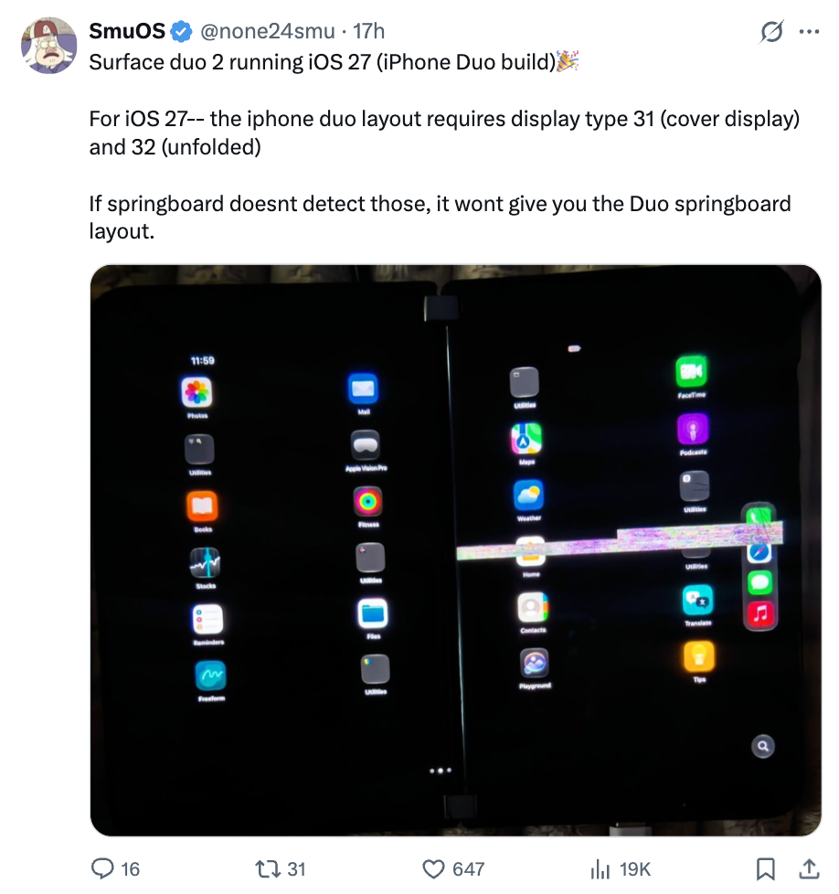 铺路更进一步：开发者成功在微软 Surface Duo 2 上启动 iPhone Duo 专版苹果 iOS 27 系统