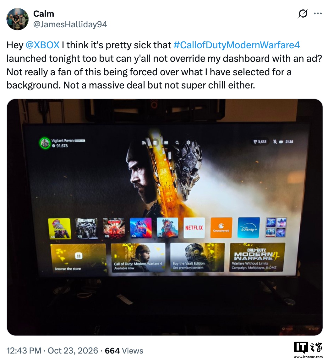 首页壁纸被替换为游戏海报：微软 XBOX 游戏机强推《使命召唤：现代战争 4》广告引发玩家不满