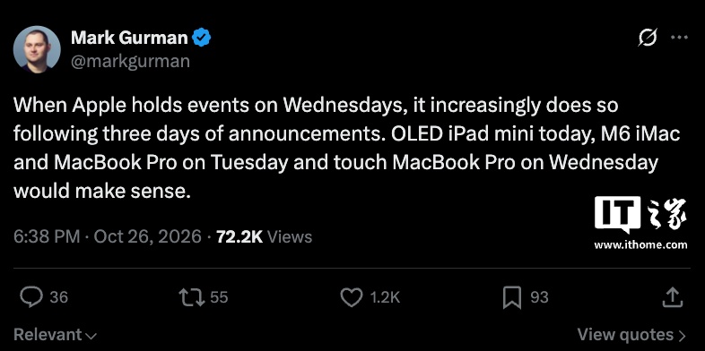 古尔曼称苹果可能本周连续三天发布新品：周一 OLED iPad mini、周二 M6 芯片 iMac、周三触控屏 MacBook Pro
