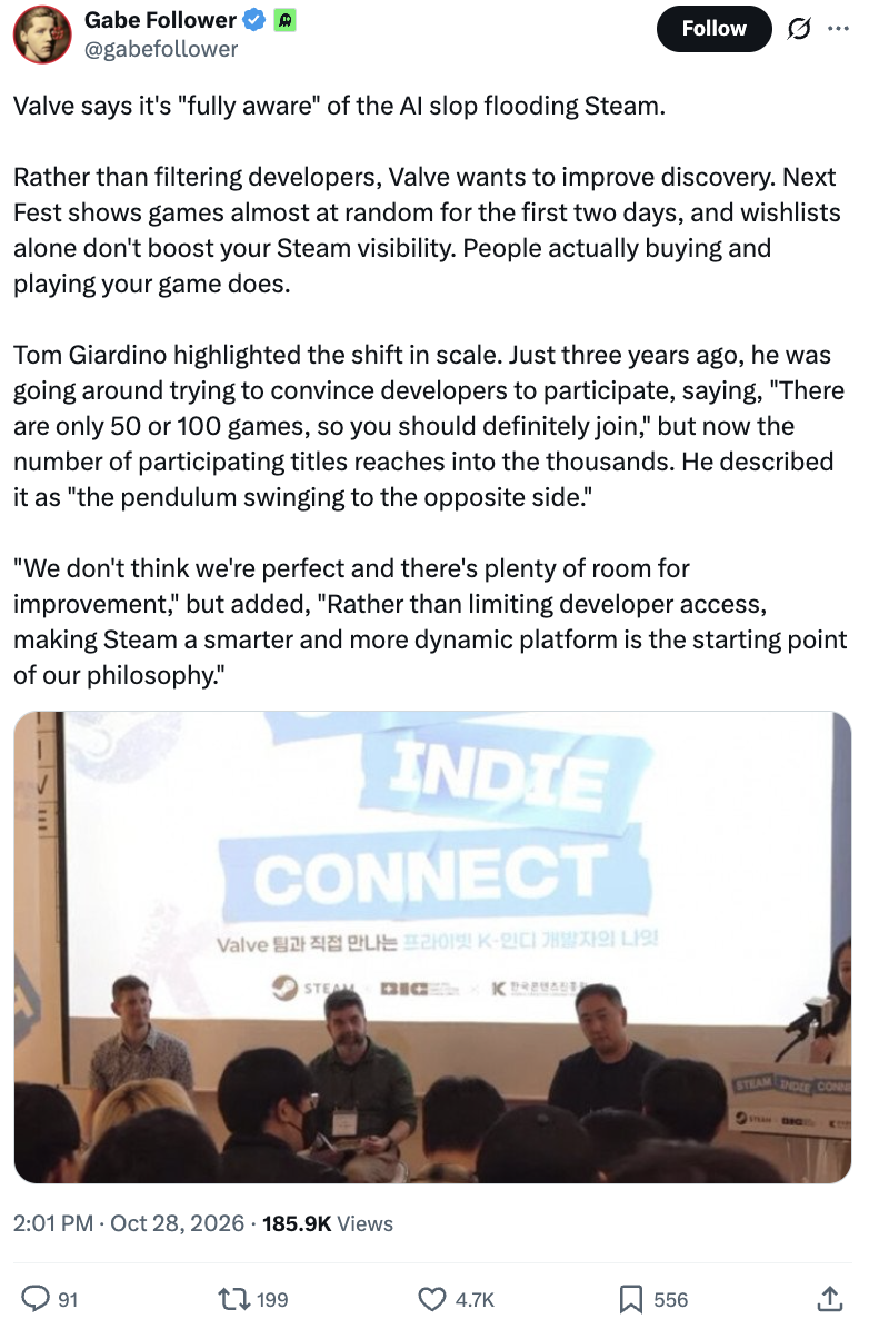 Valve 回应“Steam 平台低质量 AI 游戏泛滥”：正持续优化作品推荐机制