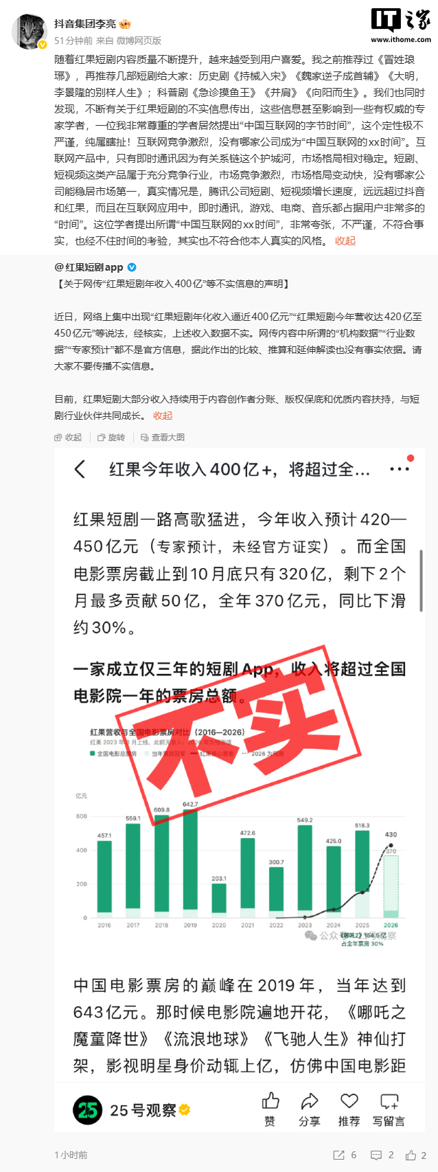 抖音集团副总裁李亮回应“中国互联网进入字节时间”：极不严谨，纯属瞎扯
