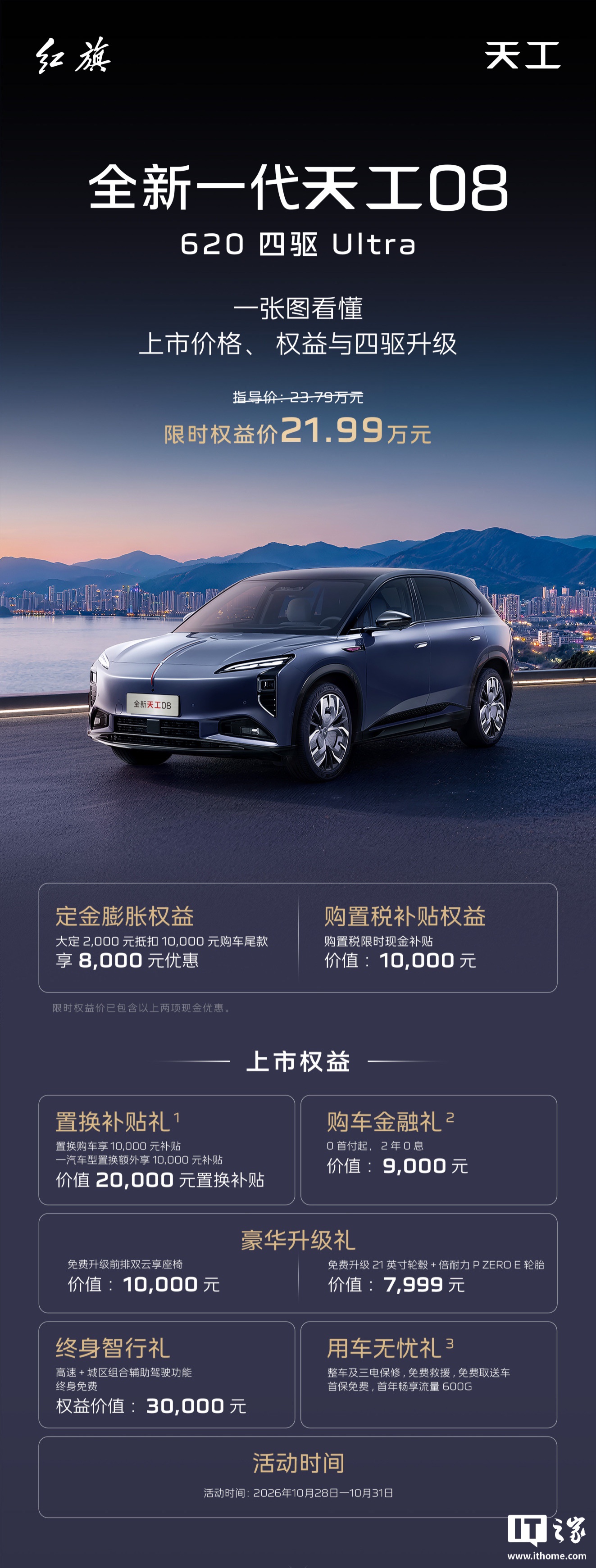 一汽红旗全新一代天工 08 新增 620 四驱 Ultra 版本，限时权益价 21.99 万元