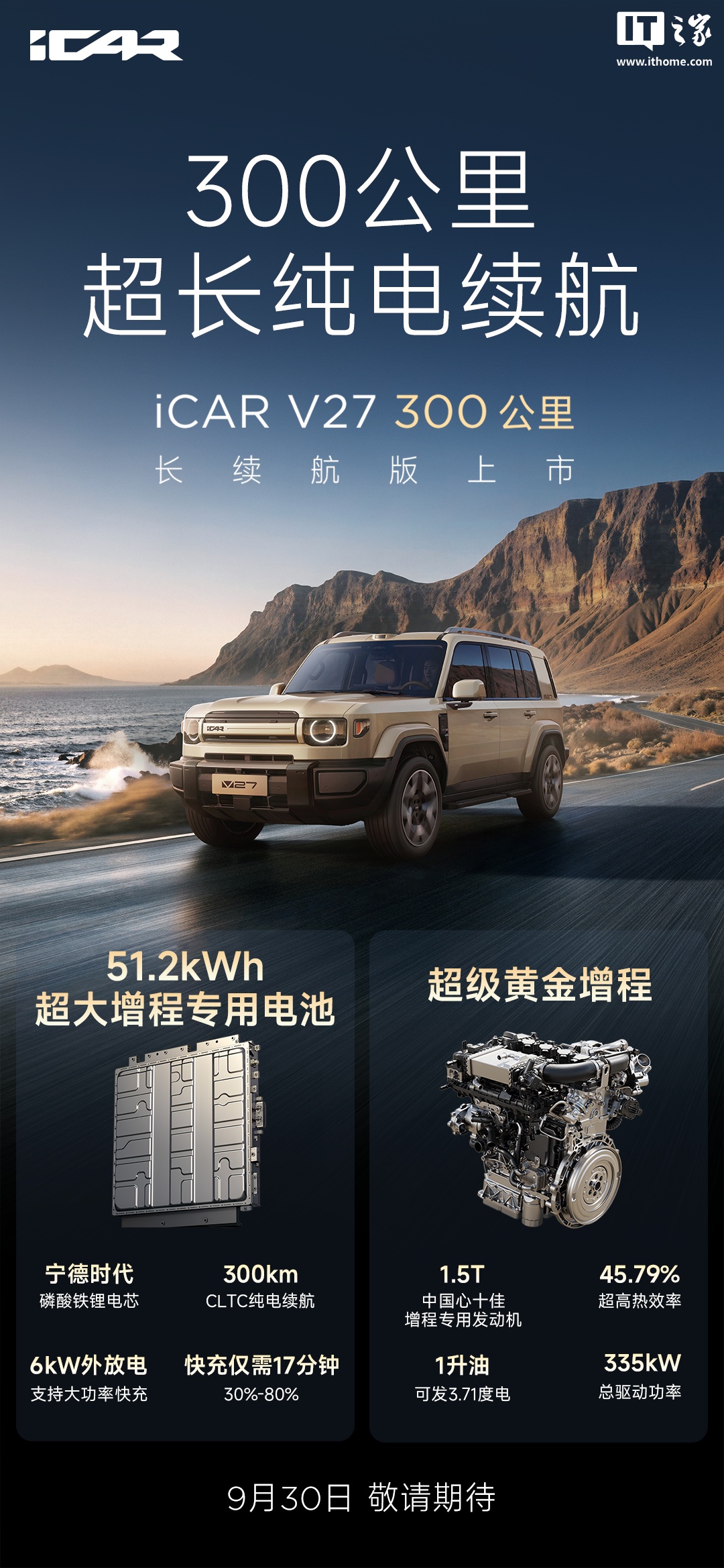 奇瑞 iCAR V27 长续航版汽车官宣搭载 51.2kWh 电池：宁德时代电芯、300 公里纯电续航