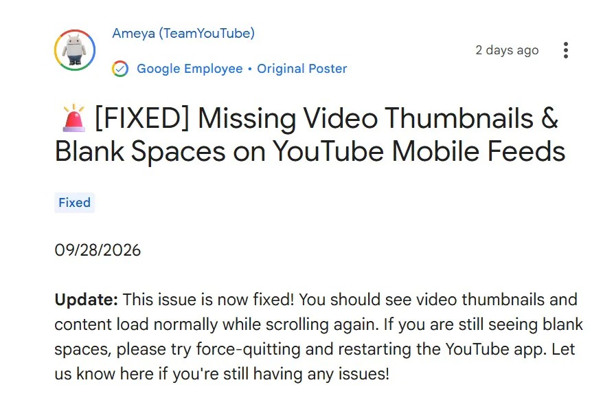 YouTube 承认移动端 App 首页此前工作异常，现已修复