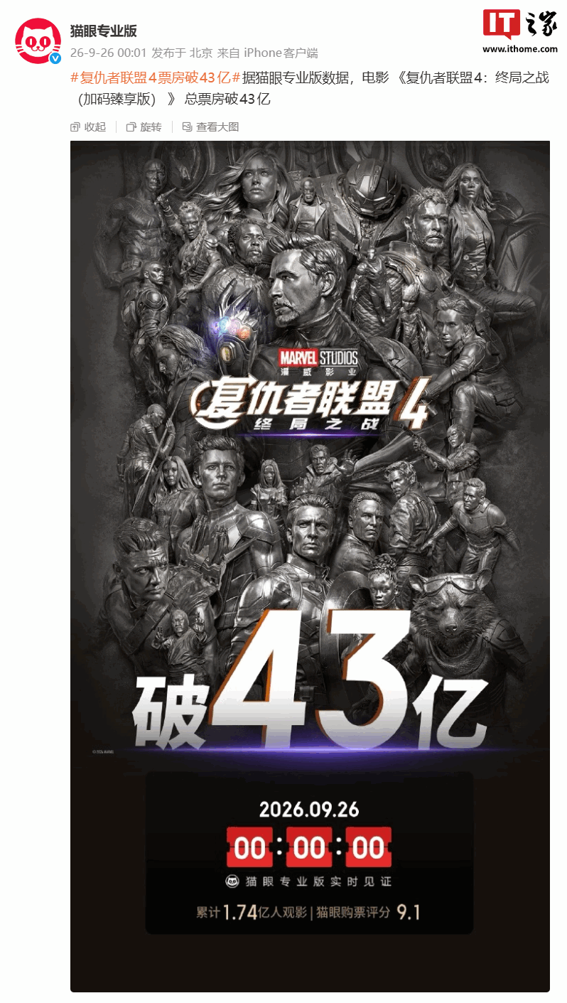 漫威 《复仇者联盟 4：终局之战（加码臻享版）》 总票房破 43 亿