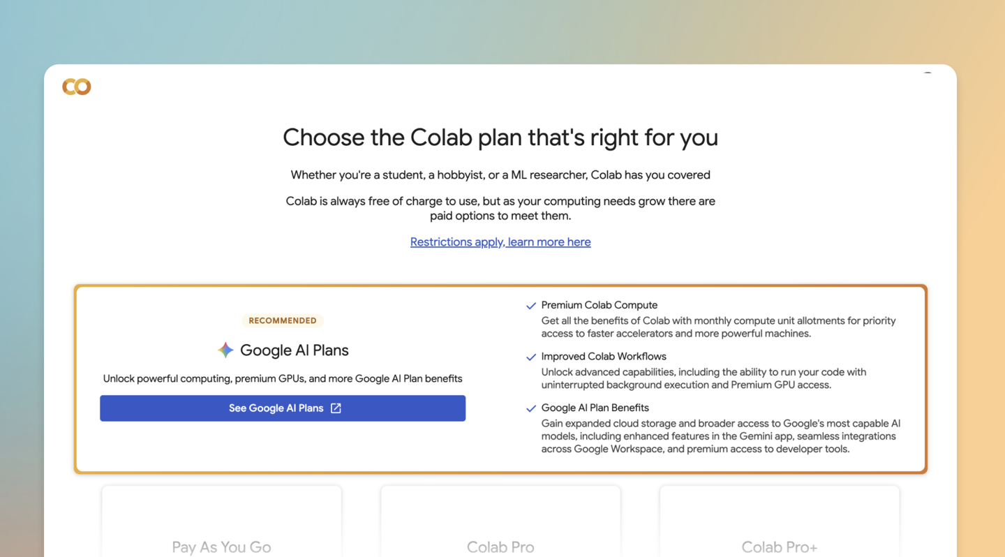 谷歌为 Google AI 订阅会员新增 Colab 高级权益，可使用高性能云端计算资源
