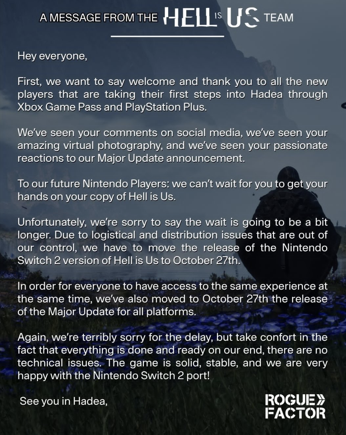 《Hell Is Us 地狱即我们》任天堂 Switch 2 版跳票至 10 月 27 日发售，游戏当日同步上线大型更新